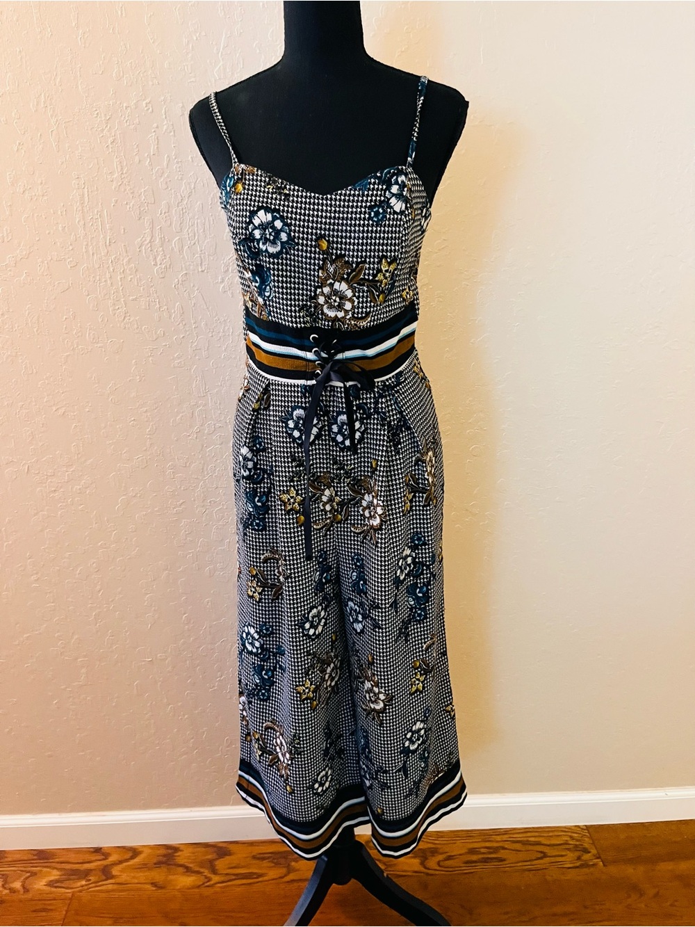 VENUS Black White Gingham Floral Spaghetti-Strap Jumpsuit with Striped Waist